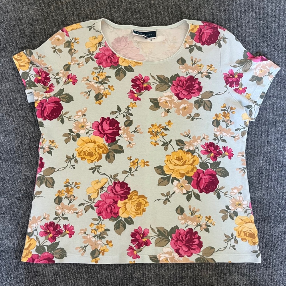 Karen Scott Womens Floral Scoop Neck Short Sleeve T-Shirt Mint Green Pink Large